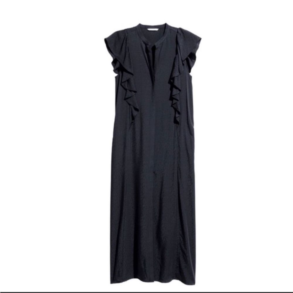 H&M ruffle dots leopard print navy blue button shirt maxi dress Sz L